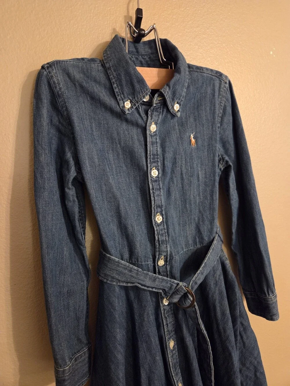 POLO RALPH LAUREN Girls Belted Denim Button Down Embroidered Pony Shirt Dress
